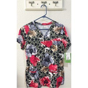 New BIO Shaped Neckline Scrub Top Flouncy Floral S NWT